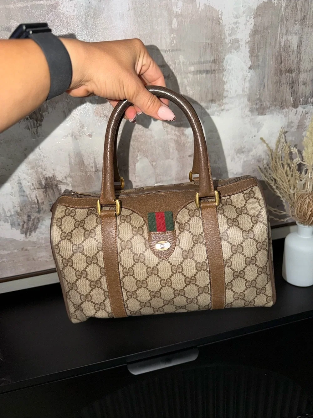 Gucci Beige GG Canvas Satchel with Brown Leather and Signature Web